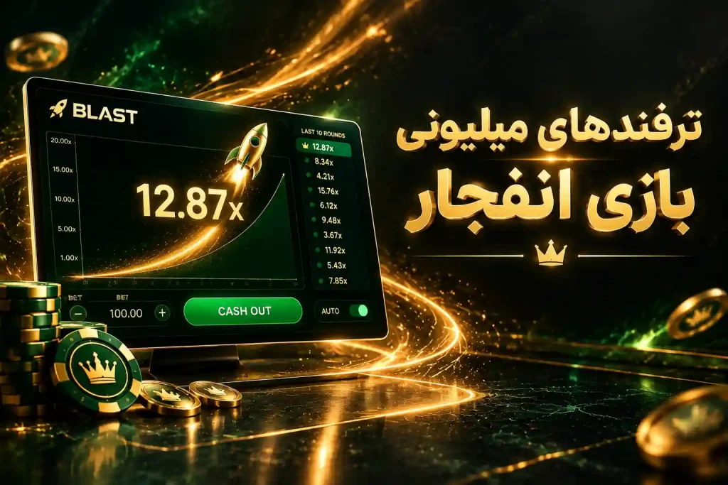 نمایشگر بازی انفجار با ضریب ۱۲.۸۷ و مسیر نورانی طلایی
