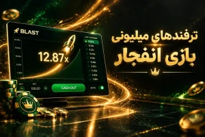 نمایشگر بازی انفجار با ضریب ۱۲.۸۷ و مسیر نورانی طلایی