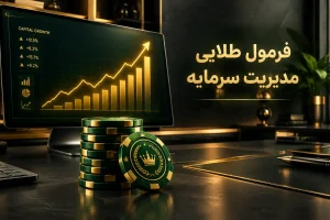 مانیتور با نمودار صعودی و ژتون‌های طلایی برای فرمول طلایی مدیریت سرمایه